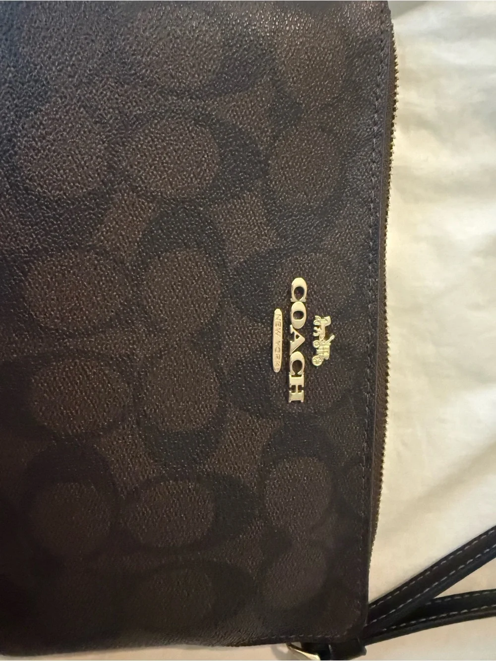 Coach Brown Signature Monogram Wristlet with Black Strap